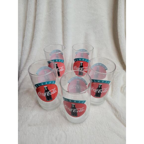 VTG 90s COKE Always Coca-Cola Graphic Logo Print Drinking Glasses✨️Set of 5 - Picture 1 of 8